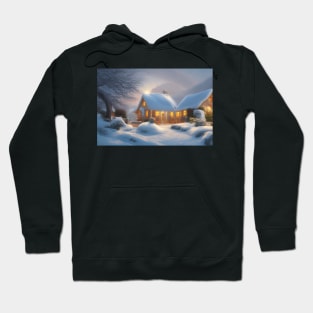 Magical Fantasy House with Lights in a Snowy Scene, Fantasy Cottagecore artwork Hoodie